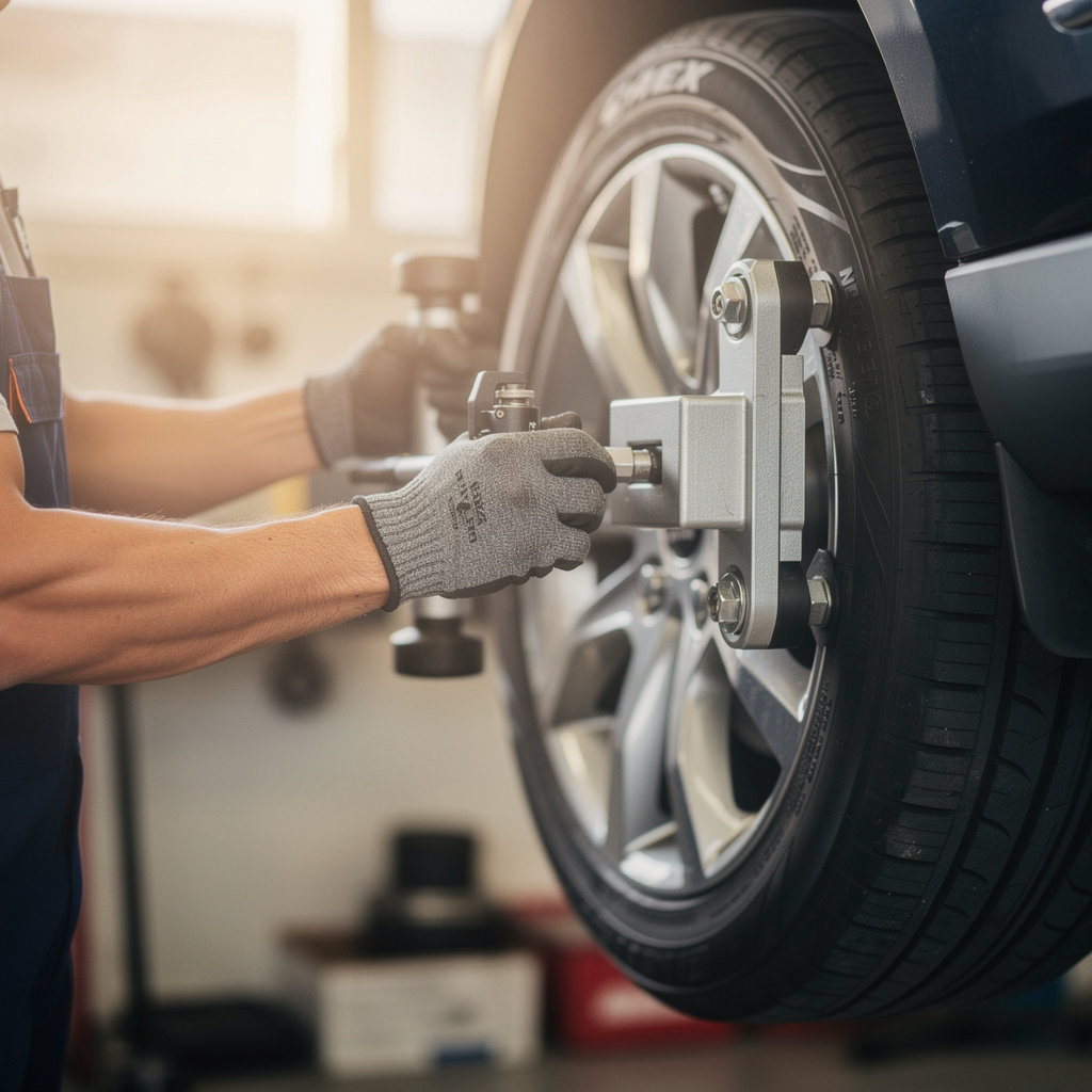 Cougars Auto Repair & Alignment technician performing a precision wheel alignment service in San Diego